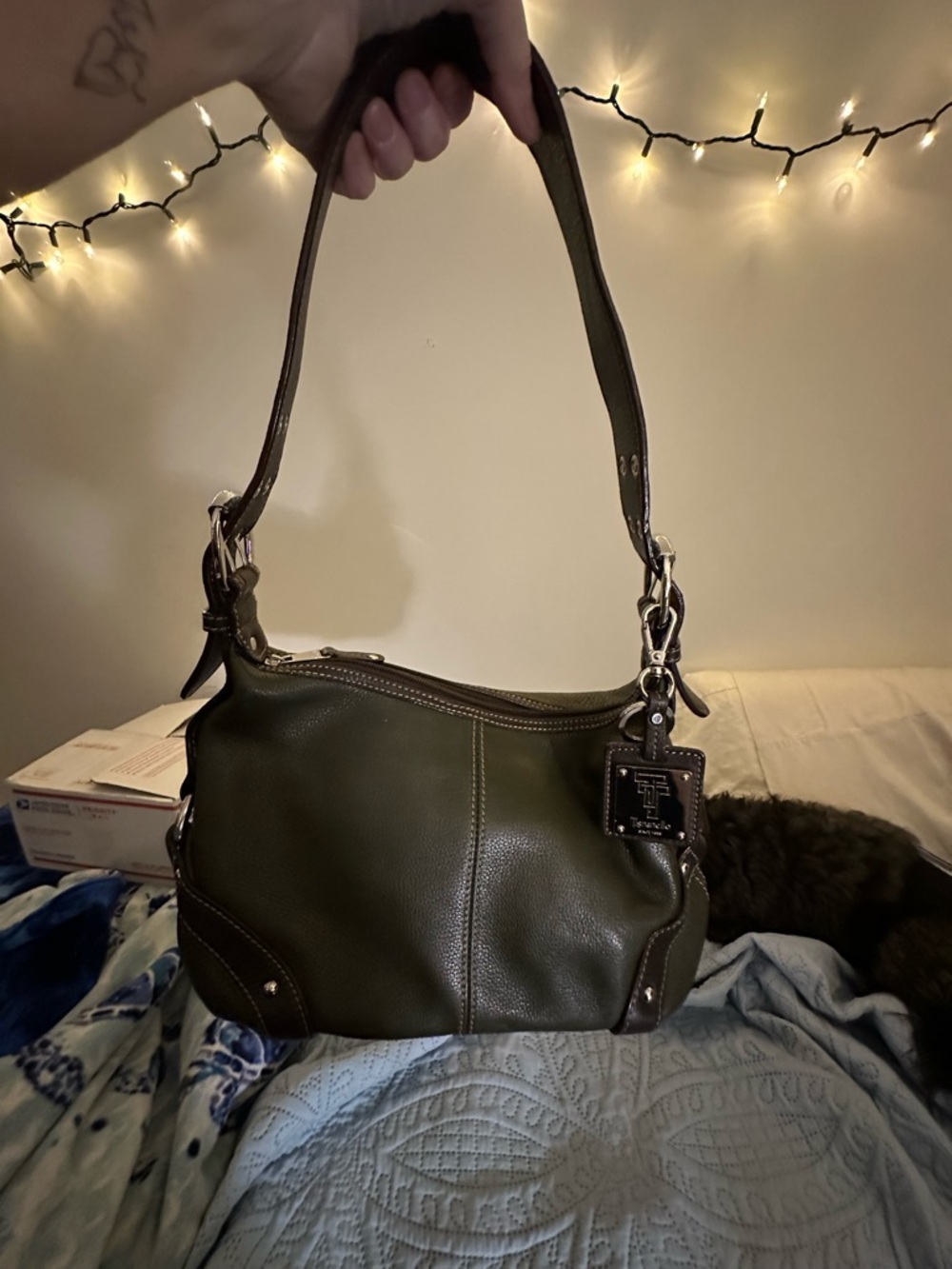 Tignanello Dark Green Leather Shoulder Bag with Dark Brown Trim